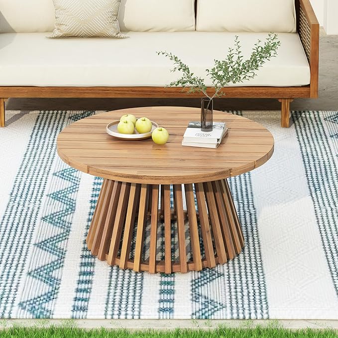 Acacia Wood Patio Coffee Table, Patio Outdoor Acacia Wood Round Coffee Table for Backyard, Lawn, Balcony, Teak Finish - Photo 3