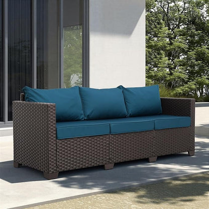 Valita Patio Furniture 3-seat Sofa Brown Wicker Outdoor Furniture Outdoor Couch Deep Seat High Backrest Waterproof Cover Anti-Slip Washable Cushions, Peacock Blue
