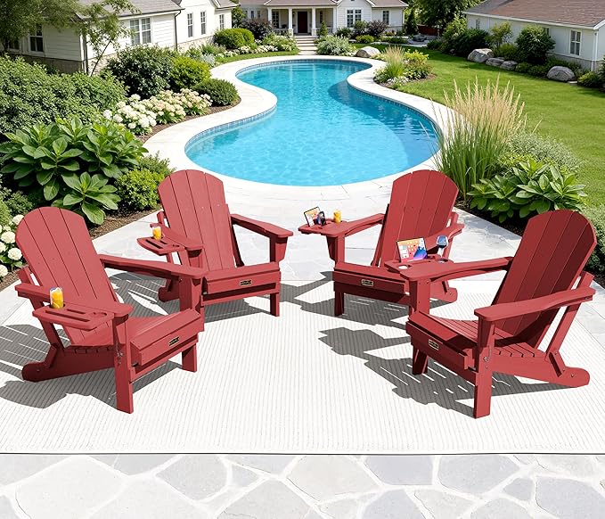 SERWALL Folding Adirondack Chair Set of 4, Outdoor Adirondack Chairs with 4 in 1 Cup Holder, Wood Texture Patio Chairs - Photo 1