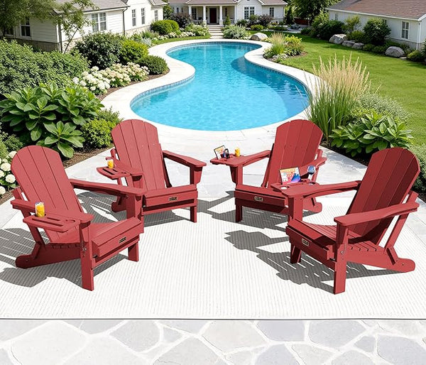 SERWALL Folding Adirondack Chair Set of 4, Outdoor Adirondack Chairs with 4 in 1 Cup Holder, Wood Texture Patio Chairs - Photo 1