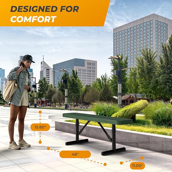 Heavy-Duty Outdoor Metal Bench, Thermoplastic-Coated, Portable, Weatherproof, Commercial-Grade for Parks, Gardens, Patios, Stores & More (4 Ft - Portable, Green)