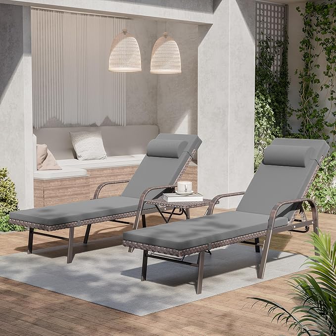 3 Pieces Patio Chaise Lounge Set Outdoor PE Rattan Armrest Lounge Chair Adjustable Backrest Reclining Chair with - Photo 8