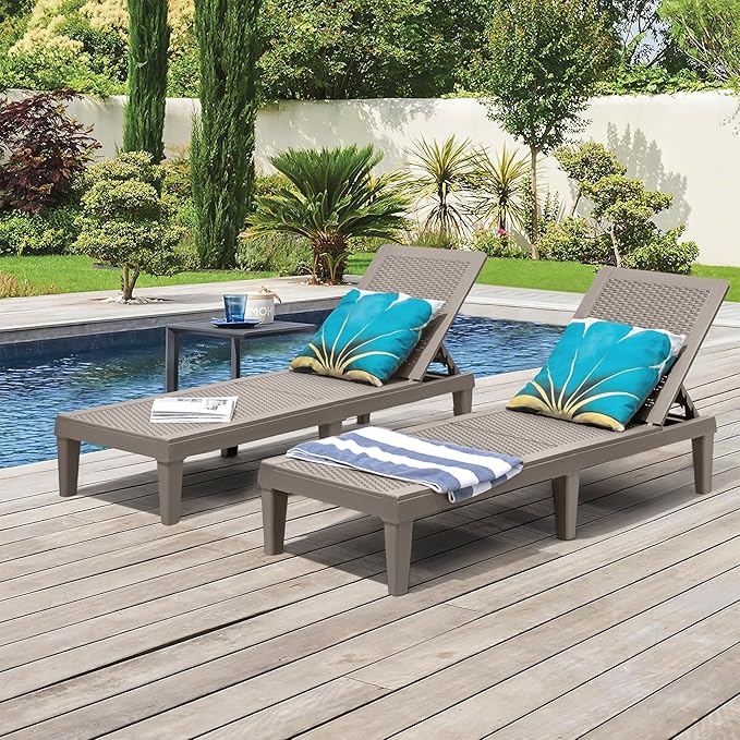 GUNJI Lounge Chairs for Outside Patio Waterproof Resin Chaise Lounge Outdoor Adjustable Lounge Chairs Set of 2 Pool Chairs Sun Loungers for Deck, Poolside and Beach (Beige)