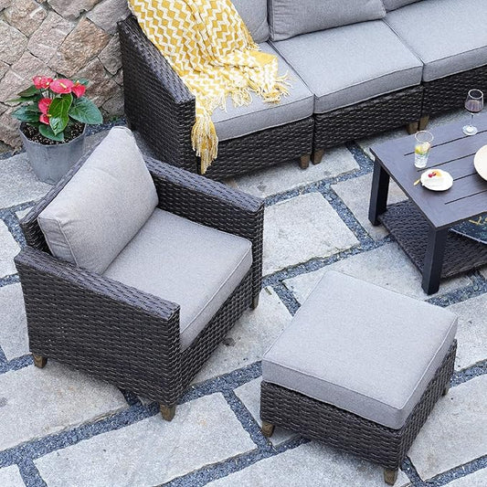 Grand patio Outdoor Furniture, Patio Wicker Sectional Sofa Modular Furniture Set Single Sofa with Thick Cushions for Deck Porch Poolside Garden (Ottoman)
