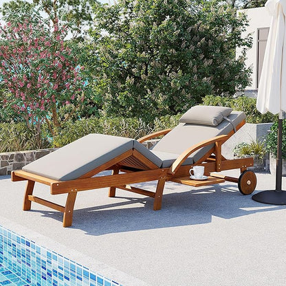 LUMISOL 77.5” Acacia Wood Chaise Lounge Chair, Patio Outdoor Chaise Lounge with Cushions, Adjustable Backrest, Leg Rest, Headrest, Retractable Side Tray for Patio, Pool, Garden, Grey