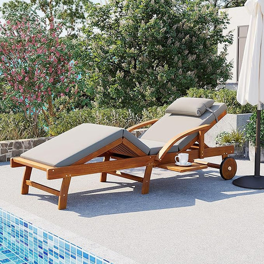 Acacia Wood Outdoor Patio Chaise Lounge, All Weather Reclining Lounge Chairs with Adjustable Backrest& Leg Rest, 2 Wheels, Headrest, Retractable Side Tray for Poolside Garden Beach (Gray-3.17)