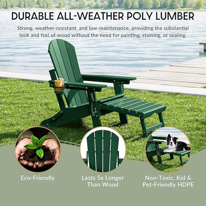 WestinTrends Malibu Folding Adjustable Adirondack Chair with Retractable Ottoman and Cup Holder (Set of 2), Dark Green