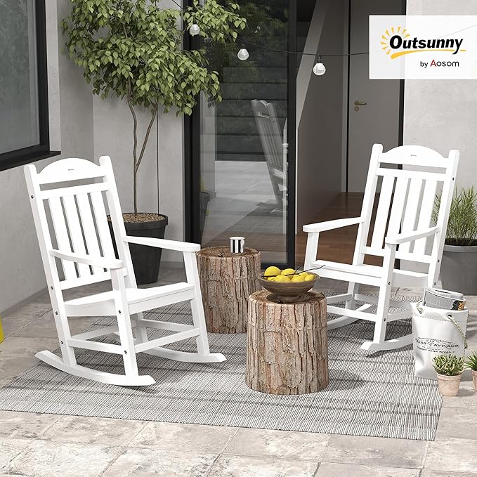 Outsunny 2 Pieces Outdoor Rocking Chair, All Weather-Resistant HDPE Rocking Patio Chairs with Rustic High Back, Armrests, Oversized Seat and Slatted Backrest, 350lbs Weight Capacity, White