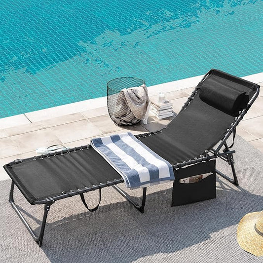 Greesum Chaise Lounge Folding Tanning Chair with 5 Position Adjustable Back, Detachable Pillow & Pocket Outside Pool, Beach, Sunbathing, Black