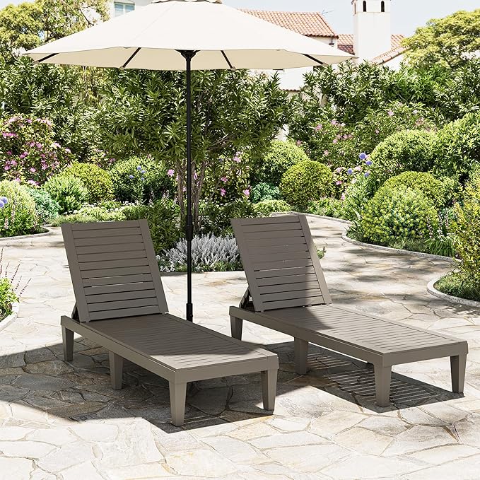 Patio Chaise Lounge Set of 2, 5-Position Adjustable Reclining Patio Lounge Chairs with Wood Grain Finish, All-Weather Resin Pool Lounge Chairs for Garden Deck Backyard (Grey)
