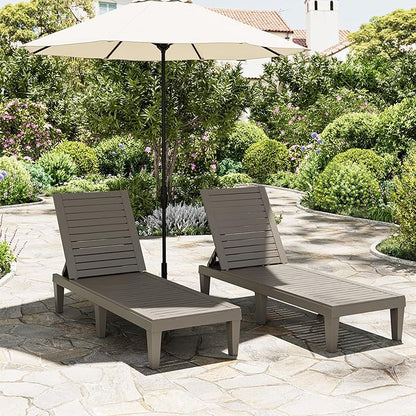 Patio Chaise Lounge Set of 2, 5-Position Adjustable Reclining Patio Lounge Chairs with Wood Grain Finish, All-Weather Resin Pool Lounge Chairs for Garden Deck Backyard (Grey)