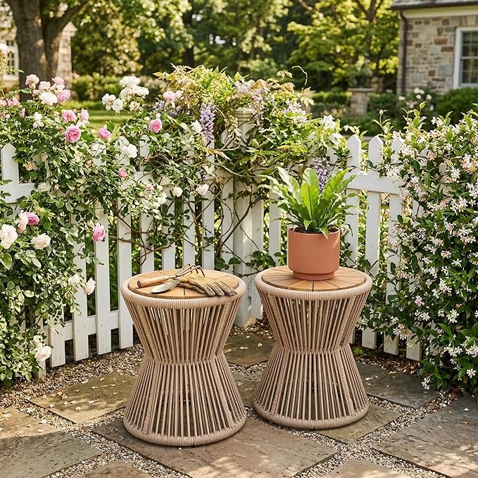 Merax 2 Pieces Round Outdoor Side Table Set, Bohemian Patio Side Tables with Acacia Wood Top and Beige Handwoven Rope Base for Garden, Pool, Yard, Elegant Hourglass Design, No Assembly, 18.9" Height