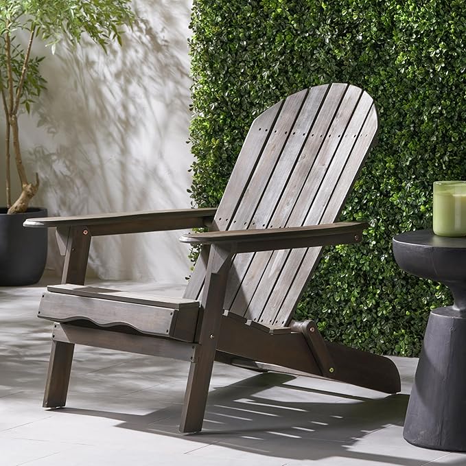 Folding Adirondack Chair, Outdoor Gray Adirondack Chairs with Wood Texture, Acacia Wood Fire Pit Chairs, All Weather, for Deck Backyard Patio Outdoor Garden