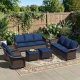 7 Piece Patio Wicker Conversation Set, 2 All-Weather Use Outdoor Wicker Sofa with 2 PE Rattan Ottomans, 2 Swivel Chair - Photo 1
