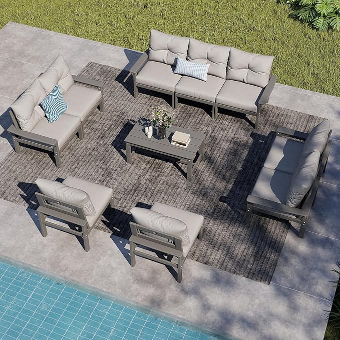 Grey HDPE Outdoor Patio Furniture Set, 10-Piece Patio Conversation Sets with Coffee Table & Washable Thick Cushions - Photo 1