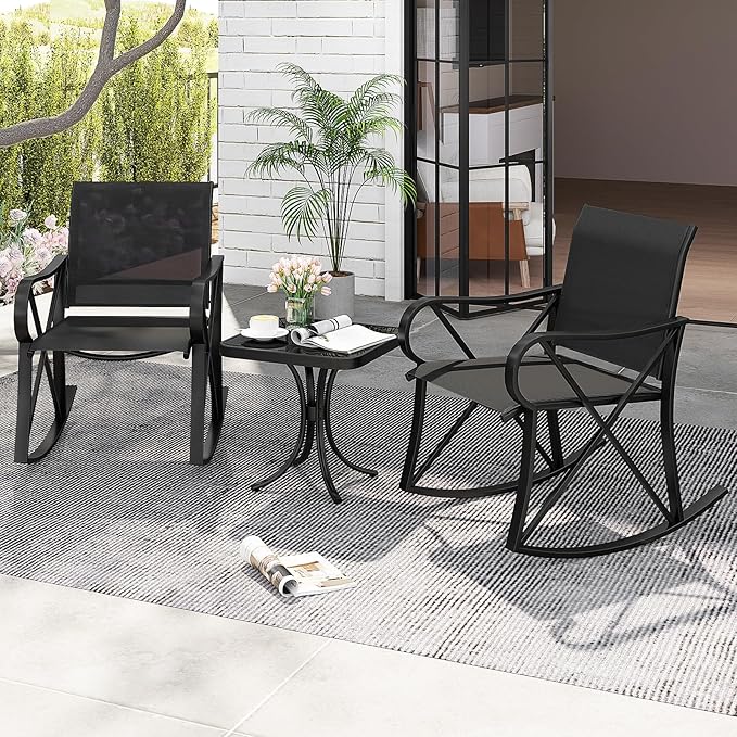 Tangkula 3 Piece Patio Rocking Set, 2 Rocking Chairs with Tempered Glass Side Table - Photo 2