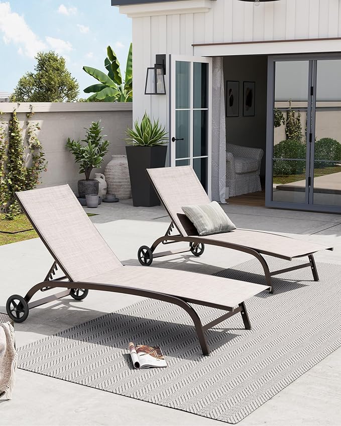Crestlive Products Aluminum Chaise Lounge Chairs with Wheels Outdoor Adjustable Recliner Five-Position and Full Flat All Weather for Patio, Beach, Yard, Pool (2PCS Beige)