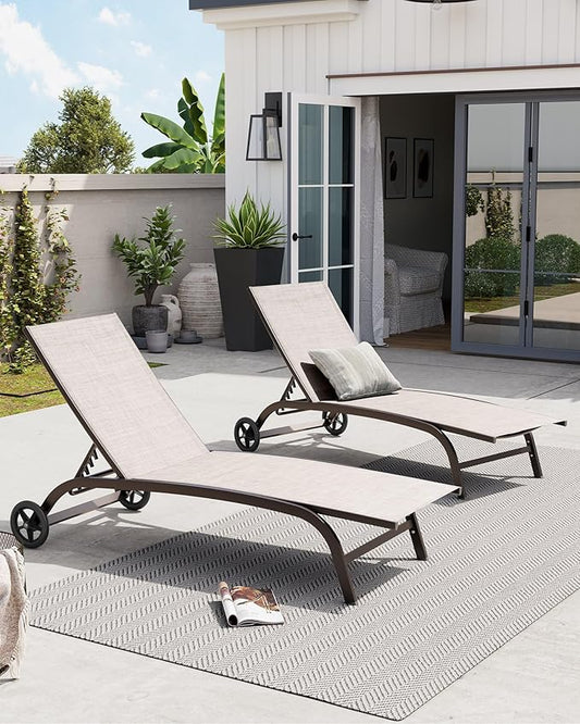Crestlive Products Aluminum Chaise Lounge Chairs with Wheels Outdoor Adjustable Recliner Five-Position and Full Flat All Weather for Patio, Beach, Yard, Pool (2PCS Beige)