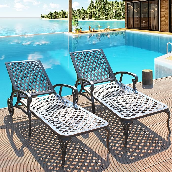 Chaise Lounges Outdoor - Lounge Chairs for Outside Set of 2 Pool Tanning Chair Adjustable Patio Reclining Cast Aluminum for Beach Yard, Antique Bronze