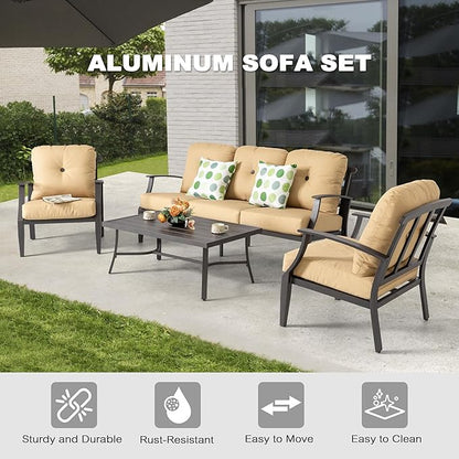 NUU GARDEN 4-Piece Outdoor Patio Sofa Set, Aluminum Conversation Set with Zippered Cushions and Coffee Table, Perfect for Porch, Garden, Backyard, Balcony, or Poolside, Ginger