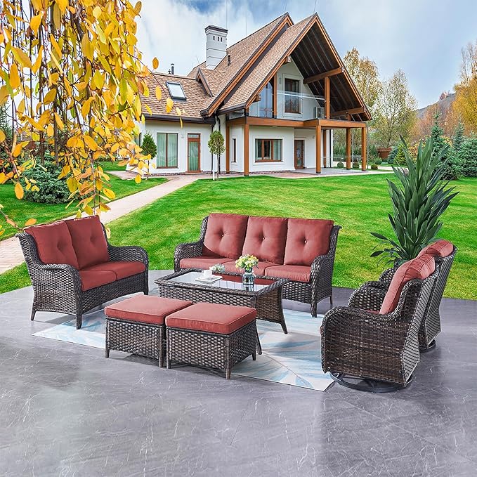 Rilyson Wicker Patio Furniture Set - 7 Piece Rattan Outdoor Sectional Conversation Sets with 2 Rocking Swivel Chairs - Photo 7
