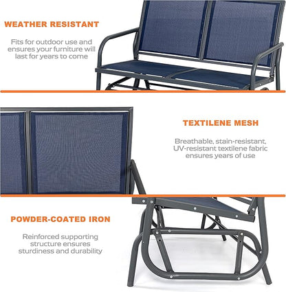 NUU GARDEN 2 Person Outdoor Glider Bench Patio Glider, Patio Glider Swing Chair with Powder Coated Steel Frame and Breathable Seat Fabric, Patio Double Swing Rocking Chair, Blue