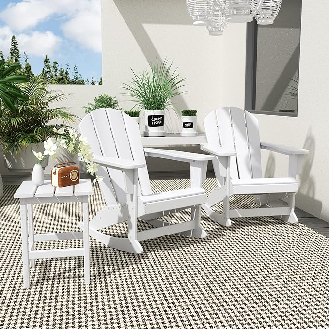 WO WESTIN OUTDOOR HDPE Laguna Outdoor Rocking Poly Adirondack Chair with Side Table 3-Piece Set, White