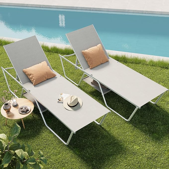 PHI VILLA 78" Oversized Outdoor Chaise Lounge Chair Set of 2, 27" Extra Wide Foldable, 5-Position Adjustable, UV50+ Textilene Mesh, Rust-Proof Frame, Khaki Beige