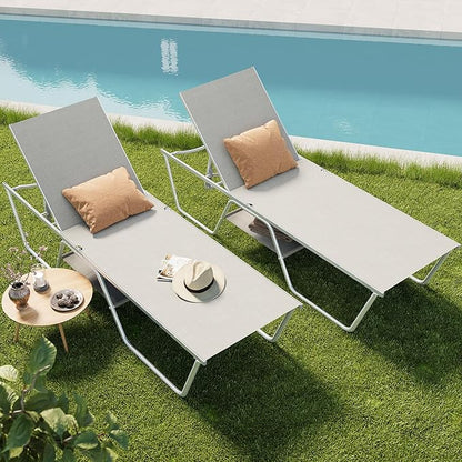 PHI VILLA 78" Oversized Outdoor Chaise Lounge Chair Set of 2, 27" Extra Wide Foldable, 5-Position Adjustable, UV50+ Textilene Mesh, Rust-Proof Frame, Khaki Beige