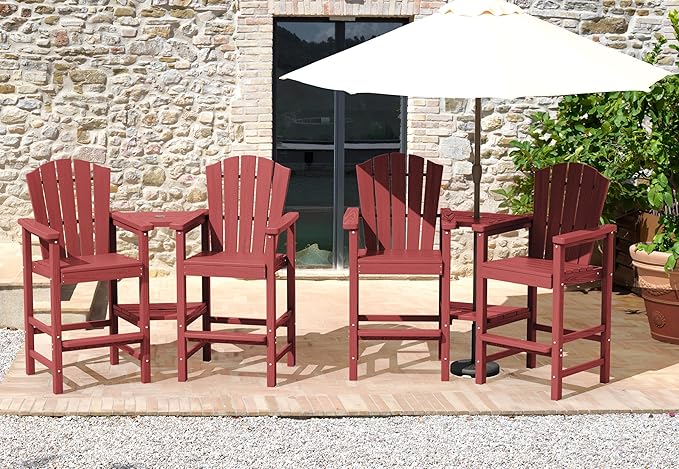 KINGYES Tall Adirondack Chair Set of 4, HDPE Tall Adirondack Barstools with Double Connecting Trays, Embossed Bar Height Adirondack Chair for 2, All Weather Resistant Balcony Adirondack Chairs, Red