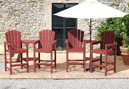 KINGYES Tall Adirondack Chair Set of 4, HDPE Tall Adirondack Barstools with Double Connecting Trays, Embossed Bar Height Adirondack Chair for 2, All Weather Resistant Balcony Adirondack Chairs, Red