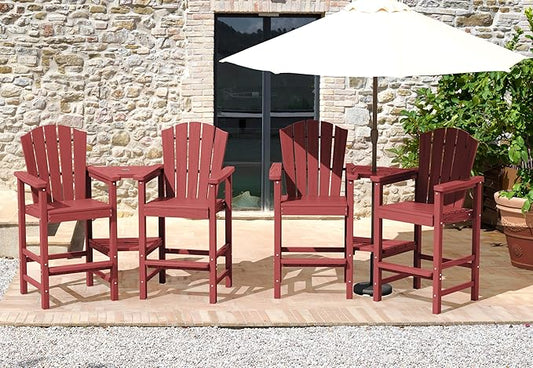 KINGYES Tall Adirondack Chair Set of 4, HDPE Tall Adirondack Barstools with Double Connecting Trays, Embossed Bar Height Adirondack Chair for 2, All Weather Resistant Balcony Adirondack Chairs, Red