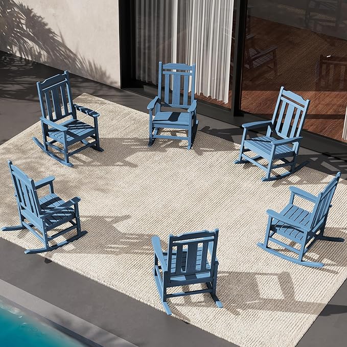 SERWALL HDPE Outdoor Rocking Chair for Adults, Outdoor Rocking Chairs Set of 6, Patio Rocking Chair Sets, Blue