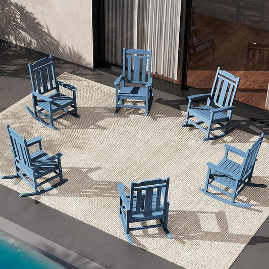 SERWALL HDPE Outdoor Rocking Chair for Adults, Outdoor Rocking Chairs Set of 6, Patio Rocking Chair Sets, Blue