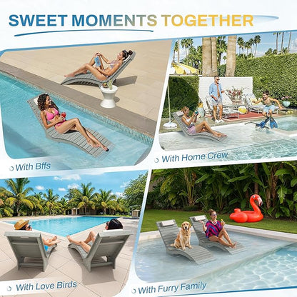 Pool Lounge Chairs Outdoor Set of 2，HDPS Long Pool Chairs for in Pools, Weighted All Weather Tanning Chair with Headrest，Chaise Lounge for Outside Beach Patio Sun Bathing Hotel, Gray