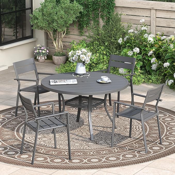 Patio Dining Table for 4, Round Metal Outdoor Table with Storage Shelf, 1.57" Umbrella Hole, 41" Outdoor Slat Tabletop Dining Table for Backyard, Porch, Lawn, Dark Grey