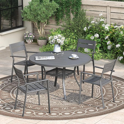 Patio Dining Table for 4, Round Metal Outdoor Table with Storage Shelf, 1.57" Umbrella Hole, 41" Outdoor Slat Tabletop Dining Table for Backyard, Porch, Lawn, Dark Grey