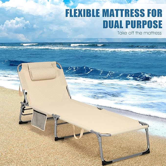 Giantex Lounge Chair Chaise Lounger, Beach Recliner with Mattress, 4 Adjustable Reclining Position, Pillow, Side Pocket for Beach, Sunbathing, Patio, Pool, Lawn, Deck Folding Camping Cot (2, Beige)