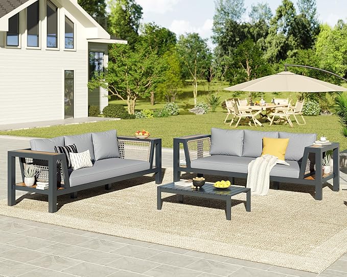 2 Piece Aluminum Patio Sofa with Storage Armrest & Water-Resistant Cushions, 6-Seat Outdoor Couch with Rattan Mesh Sides - Photo 1
