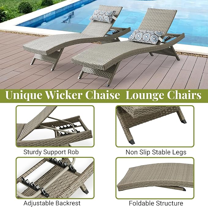 Patio Chaise Lounges, 79’’ Long Reclining Chairs with 5-Position Adjustable Backrest, PE Rattan Lounge Chair - Photo 4