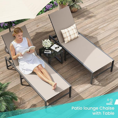 Amopatio 3 Piece Patio Lounge Chair Set, Adjustable Heavy-Duty Chaise Lounge for Outdoor, Weather Resistant Pool Lounge Furniture Set with Table for Backyard Beach, 400 LBS Capacity(Khaki)