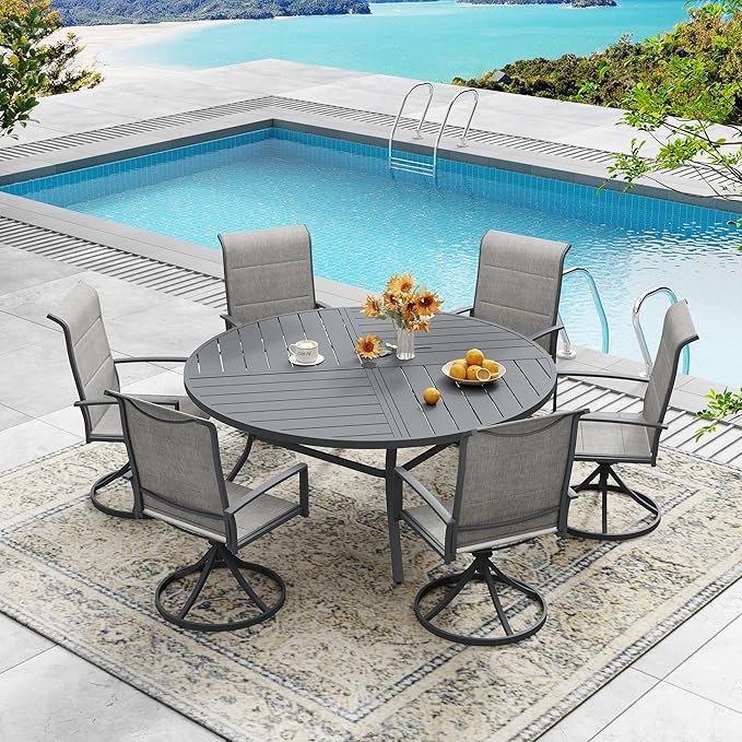 DIFY 53.1" Round Outdoor Patio Dining Table for 6-8, All-Weather Metal Steel Slatted Patio Table with 1.57" Adjustable Umbrella Hole, for Lawn Garden Porch Backyard, Grey