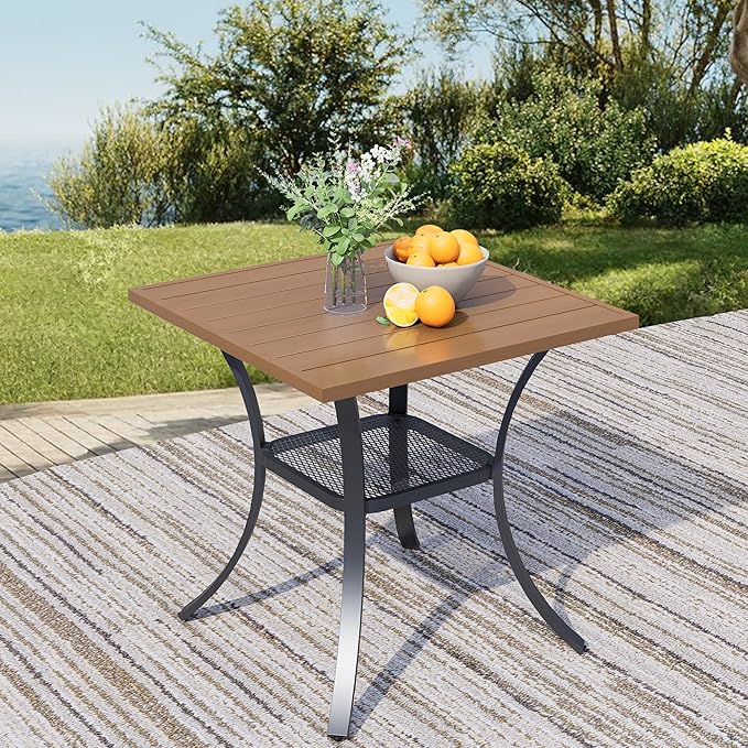 27.5'' Outdoor Patio Table with Storage Shelf, Heavy Duty 400lbs Capacity Square Metal Garden Table, All-Weather Walnut Tabletop for Deck, Balcony, Bistro, 2-4 Person