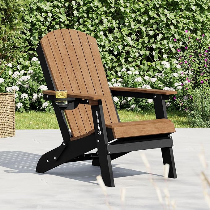 HDPE Foldable Adirondack Outdoor Chair with Cup Holder, Weather Resistant Heavy-Duty Patio Chair for Patio, Backyard, Deck, Fire Pit, Lawn and Porch, Black and Teak