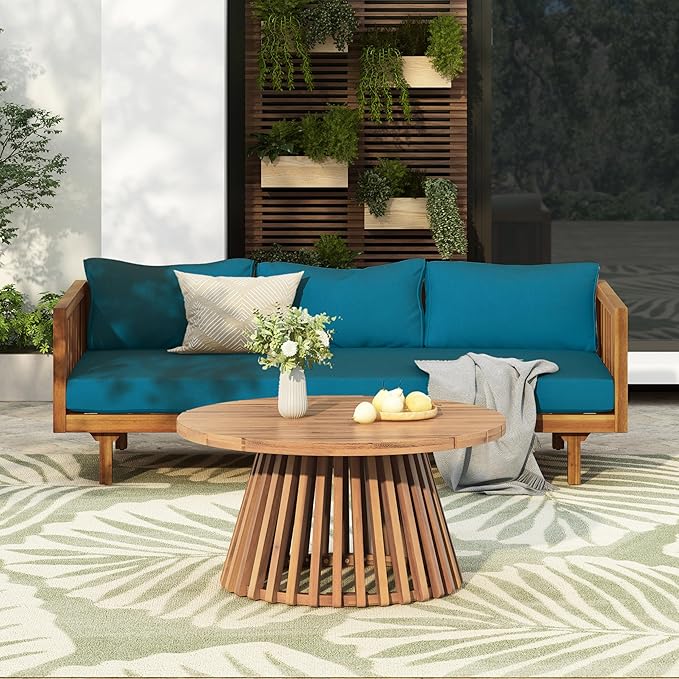Merax Outdoor Acacia Wood Conversation Set - Patio 3-Seat Loveseat Sofa w/Coushion and Round Coffee Table for Backyard - Photo 1