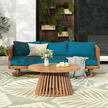 Merax Outdoor Acacia Wood Conversation Set - Patio 3-Seat Loveseat Sofa w/Coushion and Round Coffee Table for Backyard, Lawn, Balcony, Teak+Teal/Light Teak