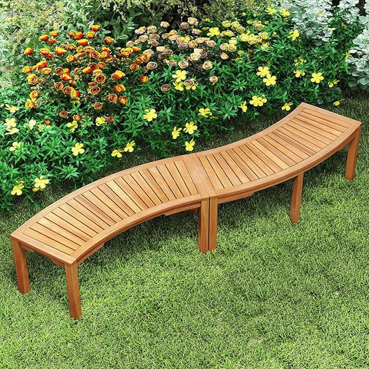 RELAX4LIFE Wooden Outdoor Curved Bench - Acacia Wood Garden Bench w/Slatted Seat, 2-Person Outside Backless Seating for Porch Backyard Deck Park, 800 LBS Load Capacity, Patio Fire Pit Bench (2, 45'')