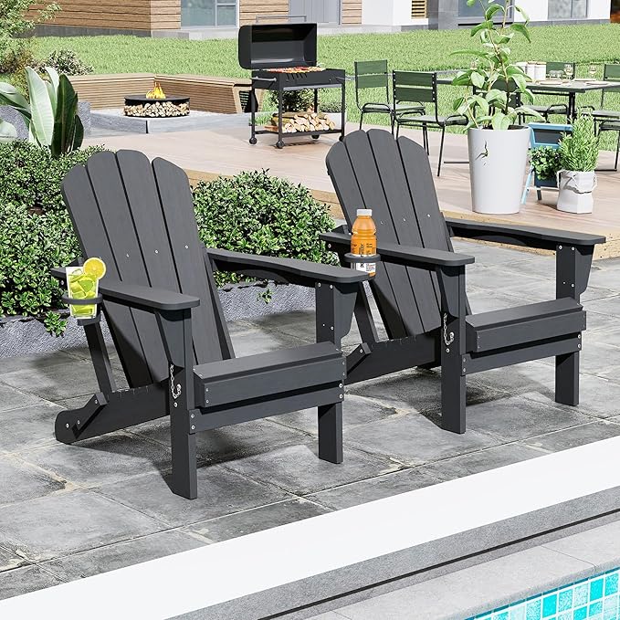 Domi Folding Adirondack Chair Set of 2, HDPE All-Weather Adirondack Chairs with Cup Holder, Outdoor Plastic Fire Pit Chairs Wood Texture for Poolside, Patio, Backyard, Deck (Grey)