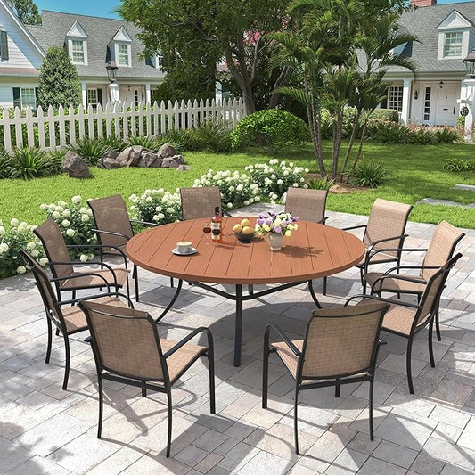Patio Dining Table for 8-10, Round Metal Outdoor Table with 1.57" Umbrella Hole, 63" Outdoor Slat Tabletop Dining Table for Backyard, Porch, Lawn, Walnut