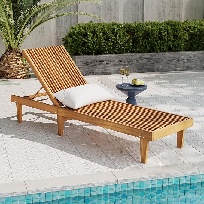 LUMISOL Outdoor Chaise Lounge Chair, Acacia Wood Frame Sunbathing Pool Lounger with 5-Position Adjustable Backrest, Patio Portable Reclining Lounger Chair for Deck, Poolside, Yard, Teak
